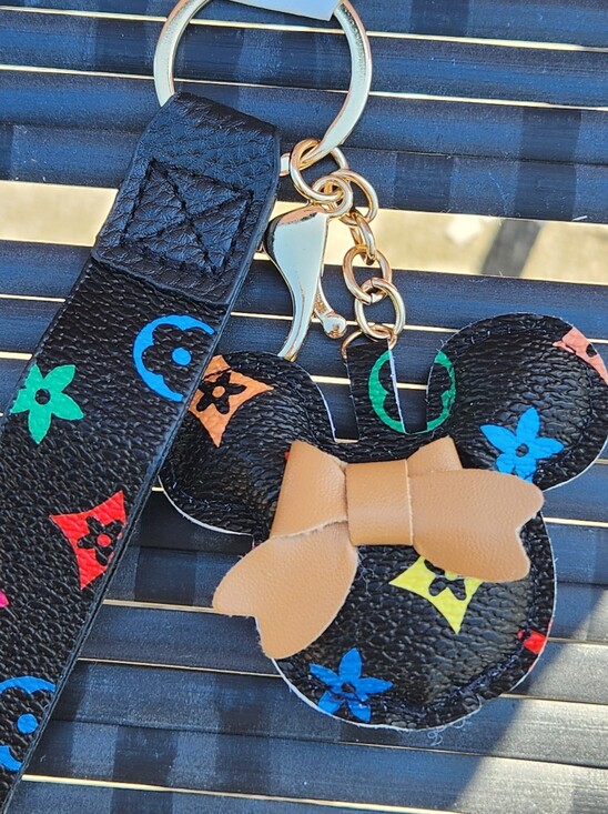 Accessories - Designer-Inspired Black Leather Multicolor Flower Mickey Mouse Bow Keychain NIP